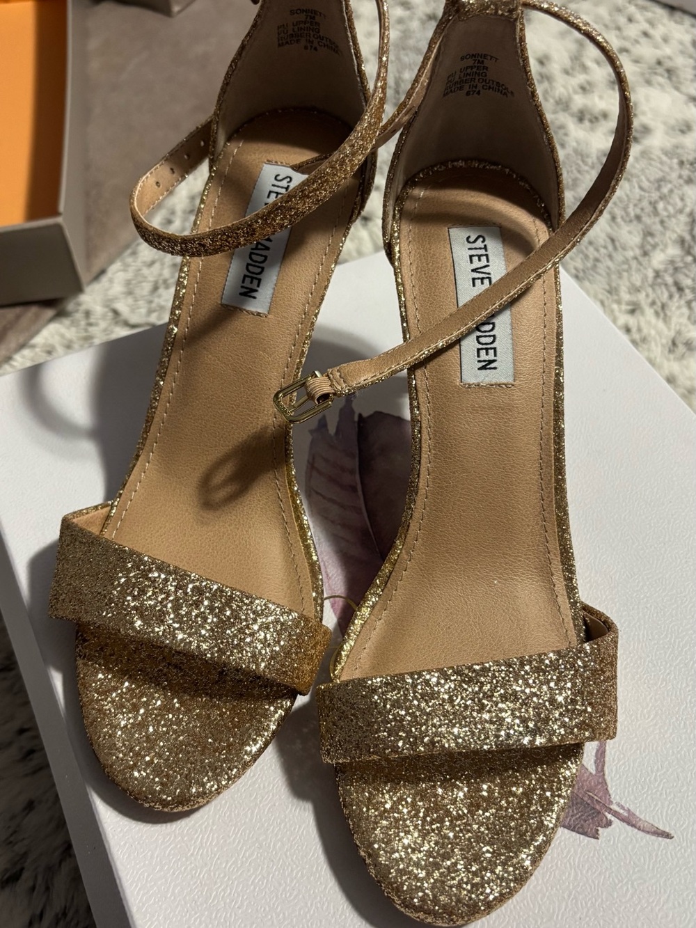 Steve Madden Gold Glitter Ankle Strap Heels